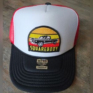 NWT Black Square Body Red White and Black Trucker Hat Classic Mesh Design